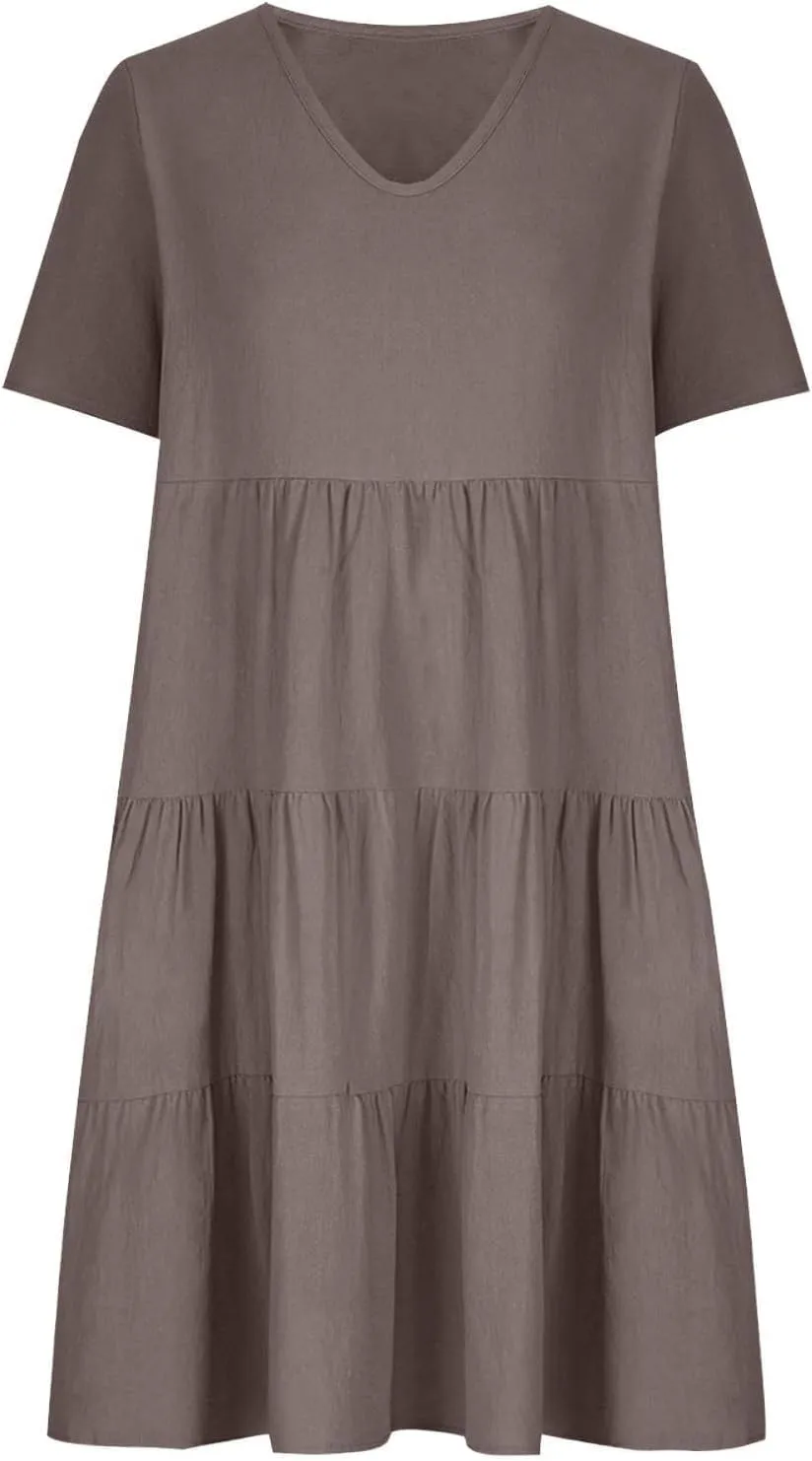 Women Cotton Linen Dresses Summer Casual Short Sleeve V Neck Travel Dress Beach Wear Trendy Spring Vacation Clothes