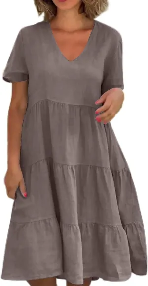Women Cotton Linen Dresses Summer Casual Short Sleeve V Neck Travel Dress Beach Wear Trendy Spring Vacation Clothes