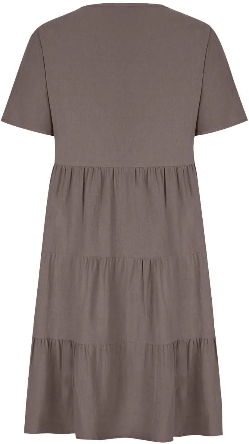 Women Cotton Linen Dresses Summer Casual Short Sleeve V Neck Travel Dress Beach Wear Trendy Spring Vacation Clothes