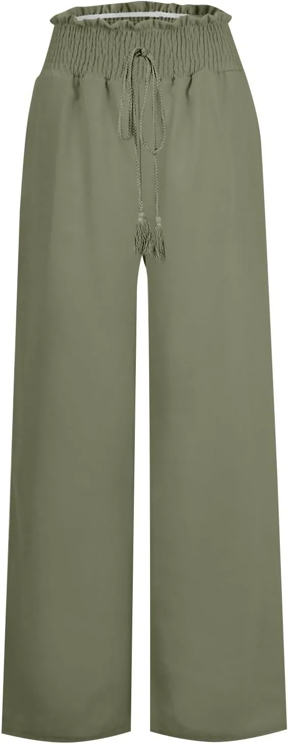 Women Cotton Linen Summer Casual Flowy Pants Elastic Waisted Bootcut Slim Fit Pant Trousers Travel