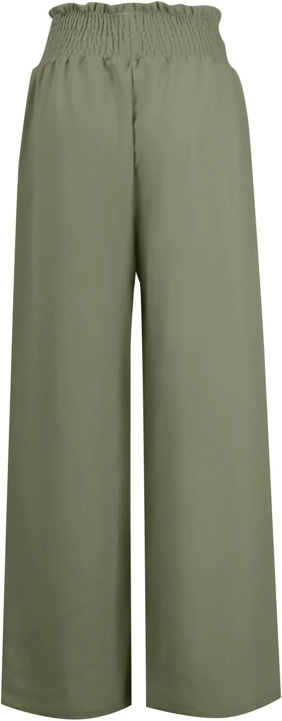 Women Cotton Linen Summer Casual Flowy Pants Elastic Waisted Bootcut Slim Fit Pant Trousers Travel