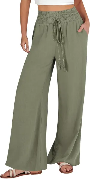 Women Cotton Linen Summer Casual Flowy Pants Elastic Waisted Bootcut Slim Fit Pant Trousers Travel