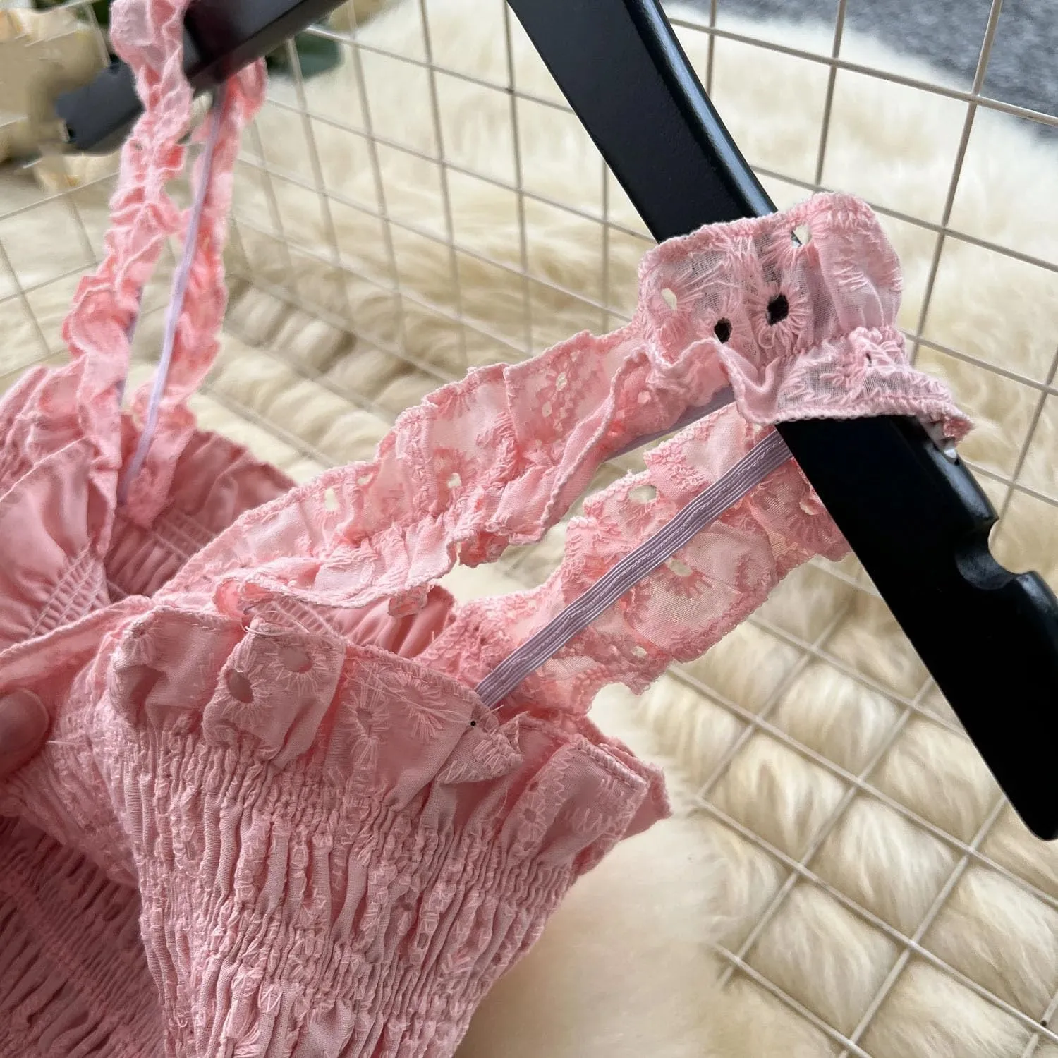 Women Embroidery Vacation Two Piece Suit Women Ruched Camisole Elastic Waist A Line Skirt Hollow Out Sets
