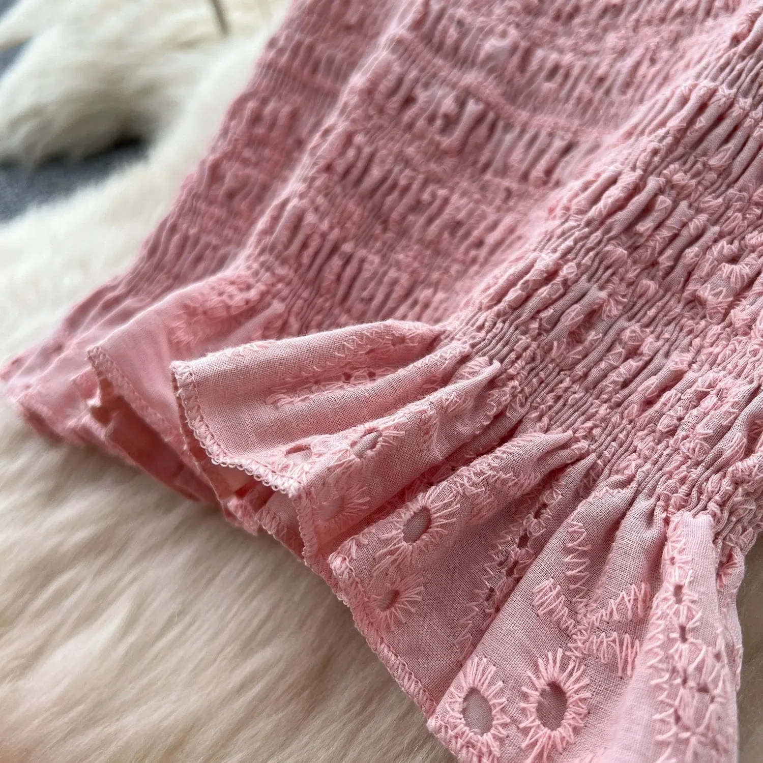 Women Embroidery Vacation Two Piece Suit Women Ruched Camisole Elastic Waist A Line Skirt Hollow Out Sets