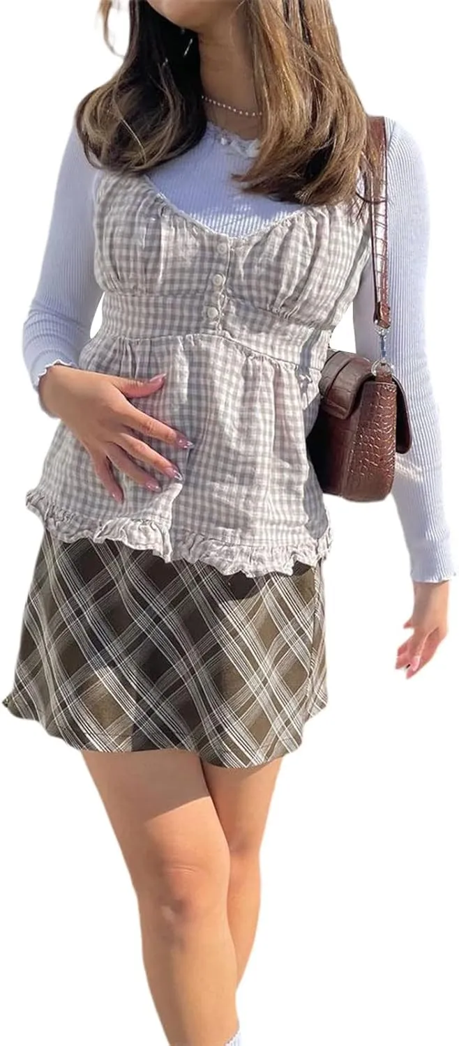 Women Fairy Grunge Y2k Shirts Square Neck Lace Patchwork Tops Vintage Goth Aesthetic Tank Tops