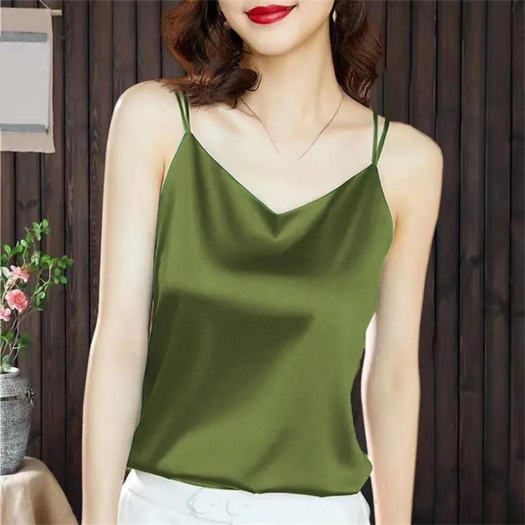 Women Fashion Satin Camisoles Solid Color Spaghetti Strap Tank Tops Female Basic Cami Sleeveless Tops
