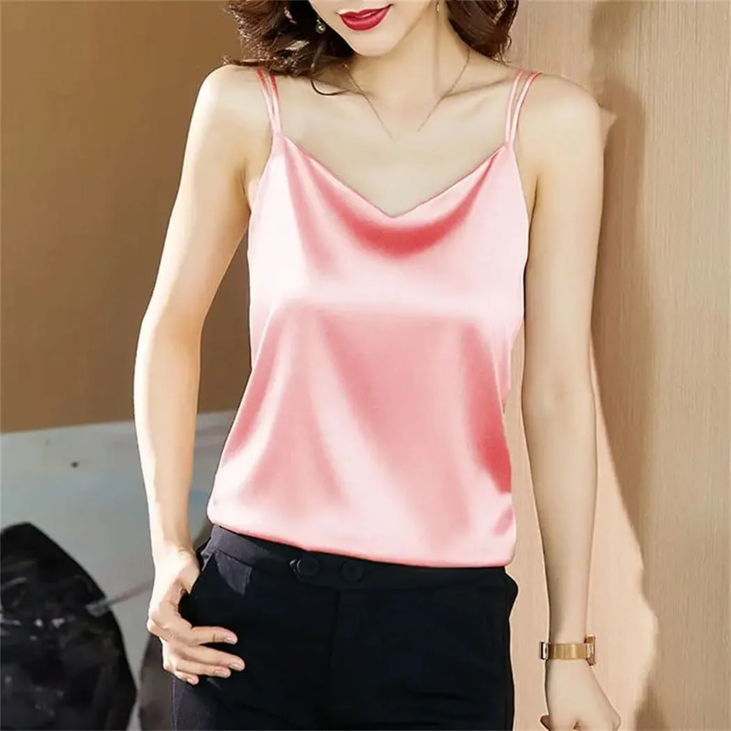 Women Fashion Satin Camisoles Solid Color Spaghetti Strap Tank Tops Female Basic Cami Sleeveless Tops