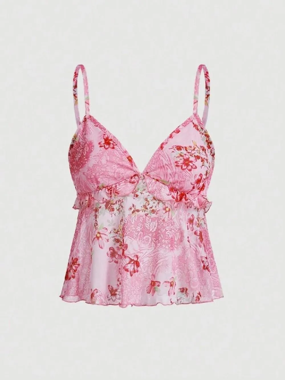 Women Floral Mesh Cami Crop Top Y2k V Neck Ruffle Spaghetti Strap Tank Tops Sexy Low Cut Going Out Camisole