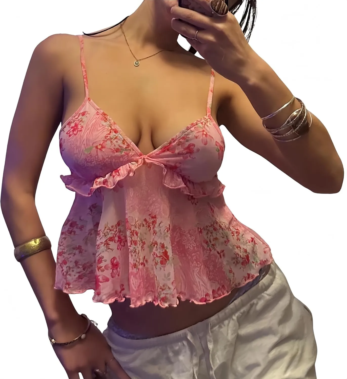 Women Floral Mesh Cami Crop Top Y2k V Neck Ruffle Spaghetti Strap Tank Tops Sexy Low Cut Going Out Camisole
