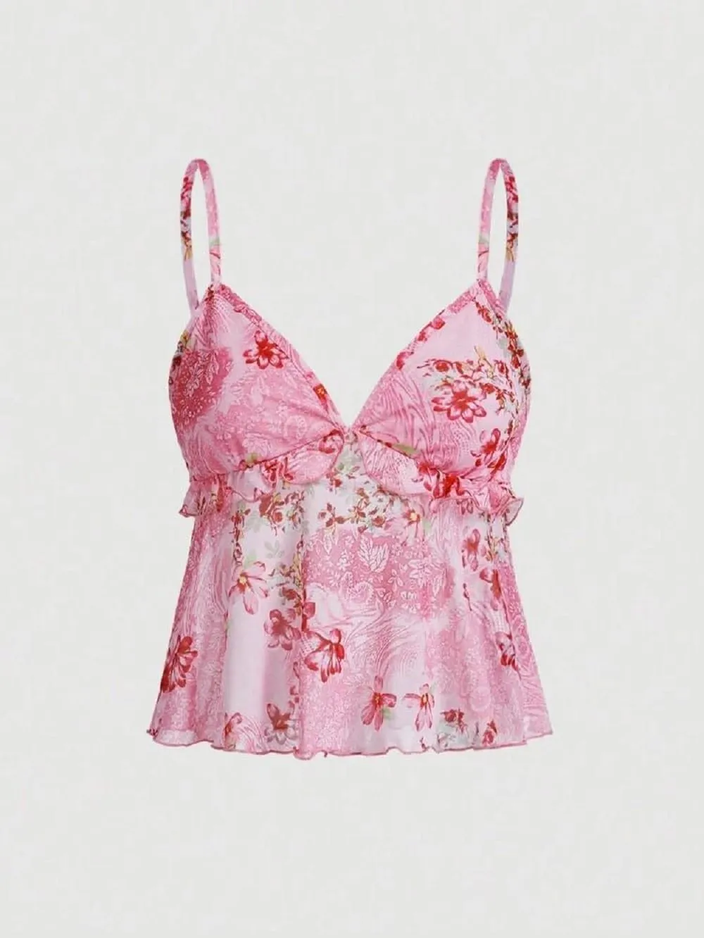 Women Floral Mesh Cami Crop Top Y2k V Neck Ruffle Spaghetti Strap Tank Tops Sexy Low Cut Going Out Camisole