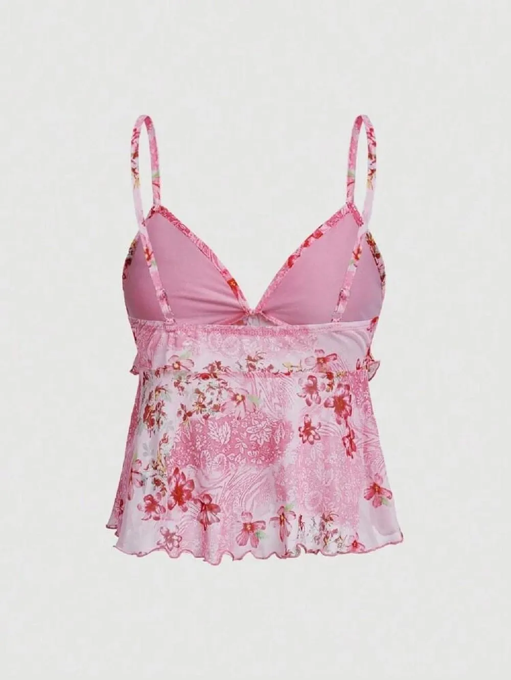 Women Floral Mesh Cami Crop Top Y2k V Neck Ruffle Spaghetti Strap Tank Tops Sexy Low Cut Going Out Camisole