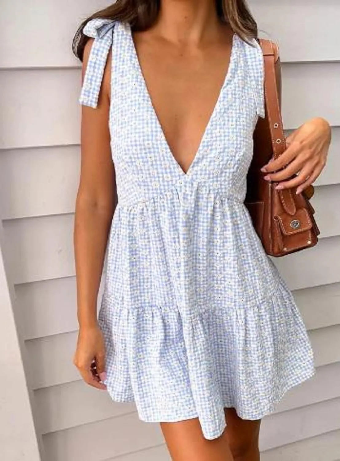 Women Floral Tie Shoulder Mini Dress Cute Square Neck Loose Fit Beach Short Dress Boho Summer Vocation Sundress
