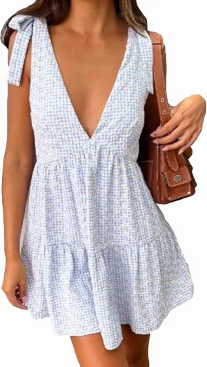 Women Floral Tie Shoulder Mini Dress Cute Square Neck Loose Fit Beach Short Dress Boho Summer Vocation Sundress