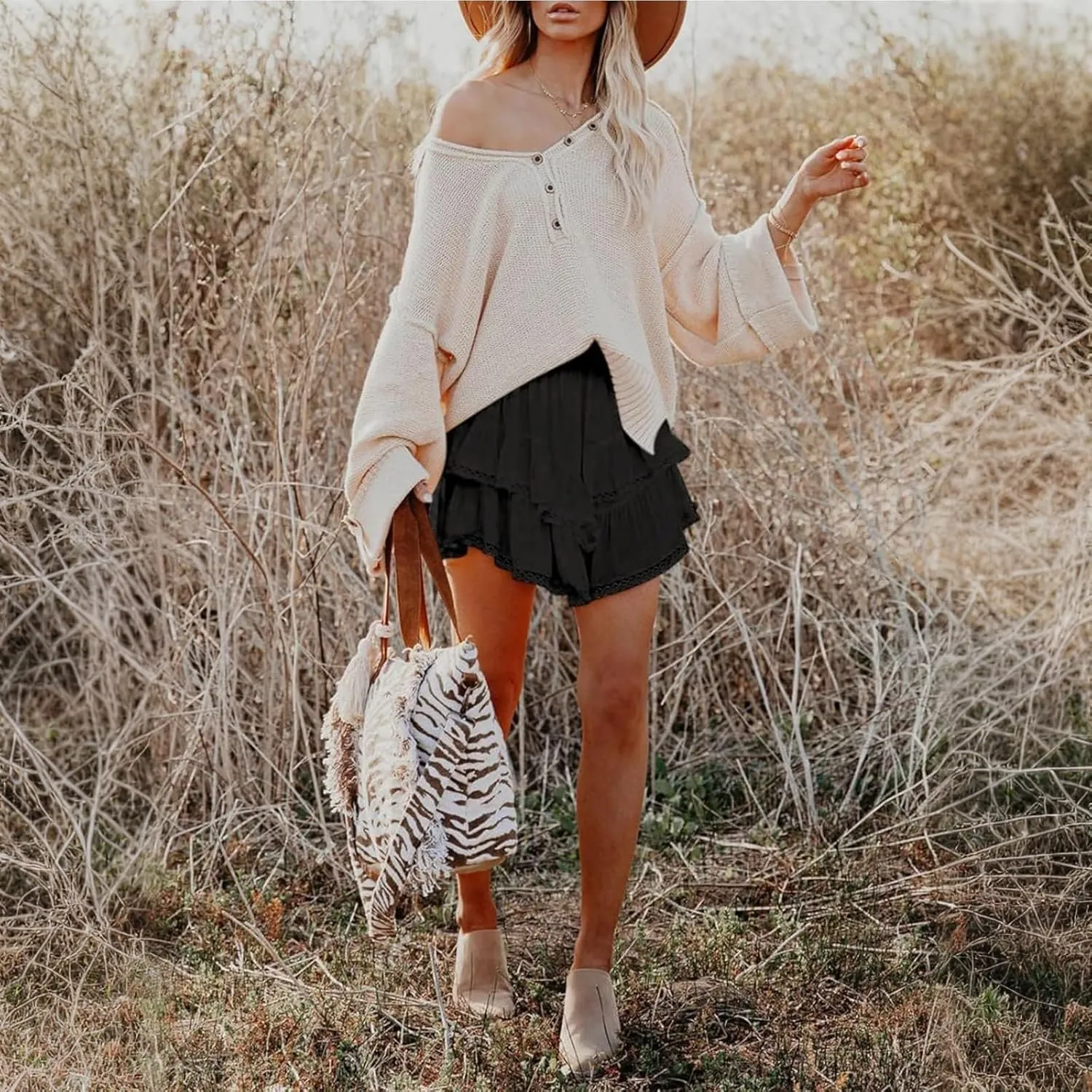 Women Flowy Shorts Casual Boho Ruffle Skirts Cute Crochet Tiered Skorts Summer Mini Skirt with Shorts Y2K Skirt