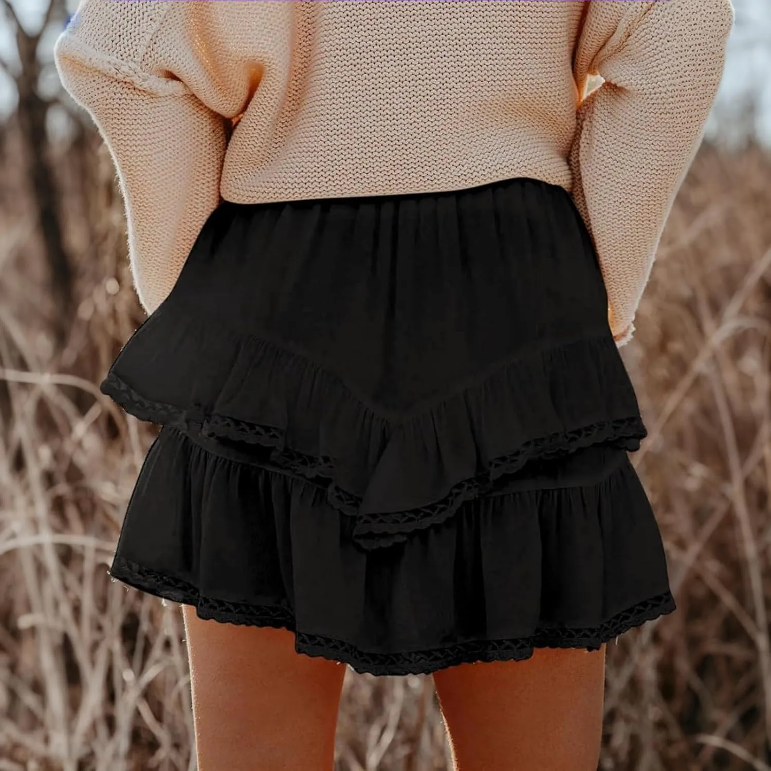 Women Flowy Shorts Casual Boho Ruffle Skirts Cute Crochet Tiered Skorts Summer Mini Skirt with Shorts Y2K Skirt