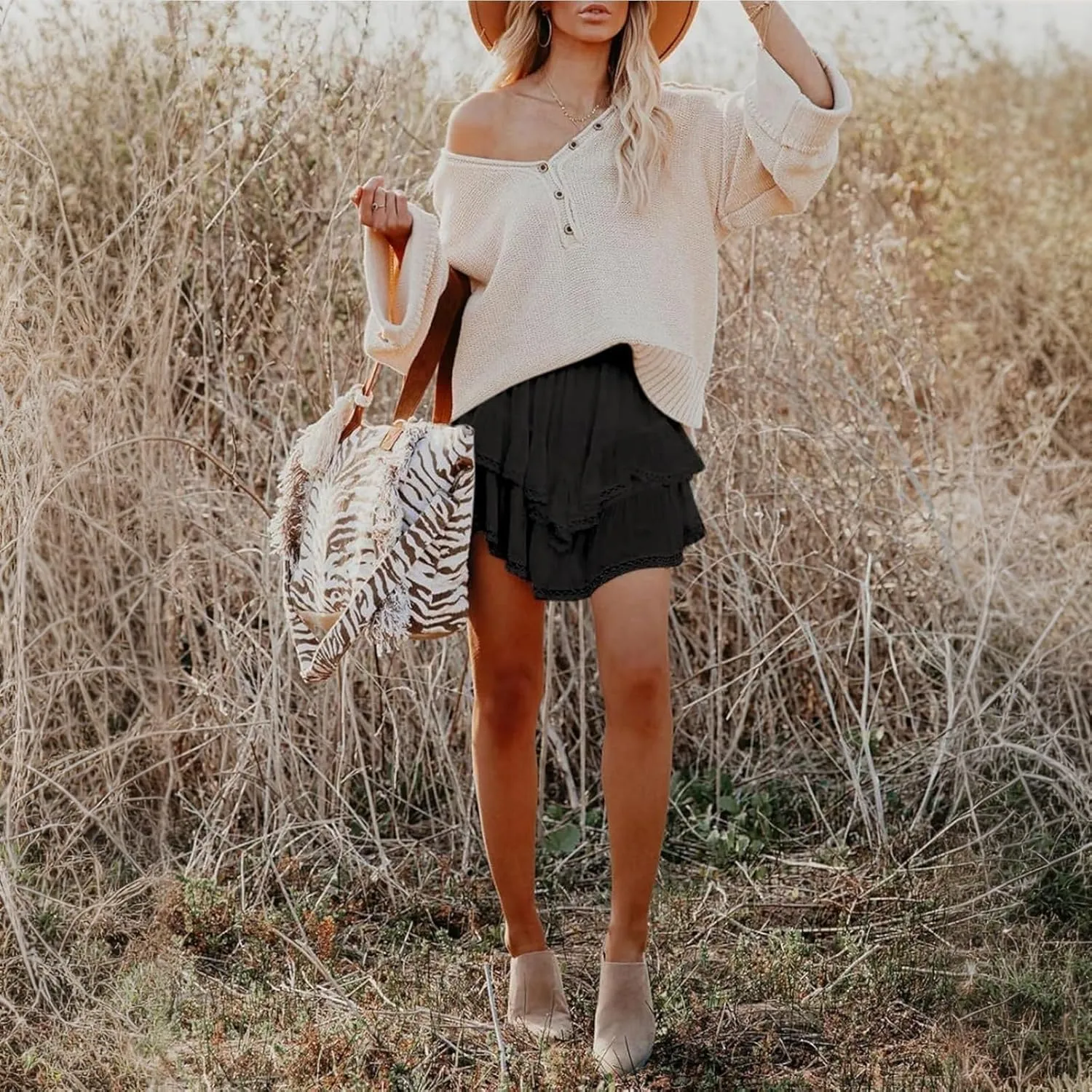 Women Flowy Shorts Casual Boho Ruffle Skirts Cute Crochet Tiered Skorts Summer Mini Skirt with Shorts Y2K Skirt