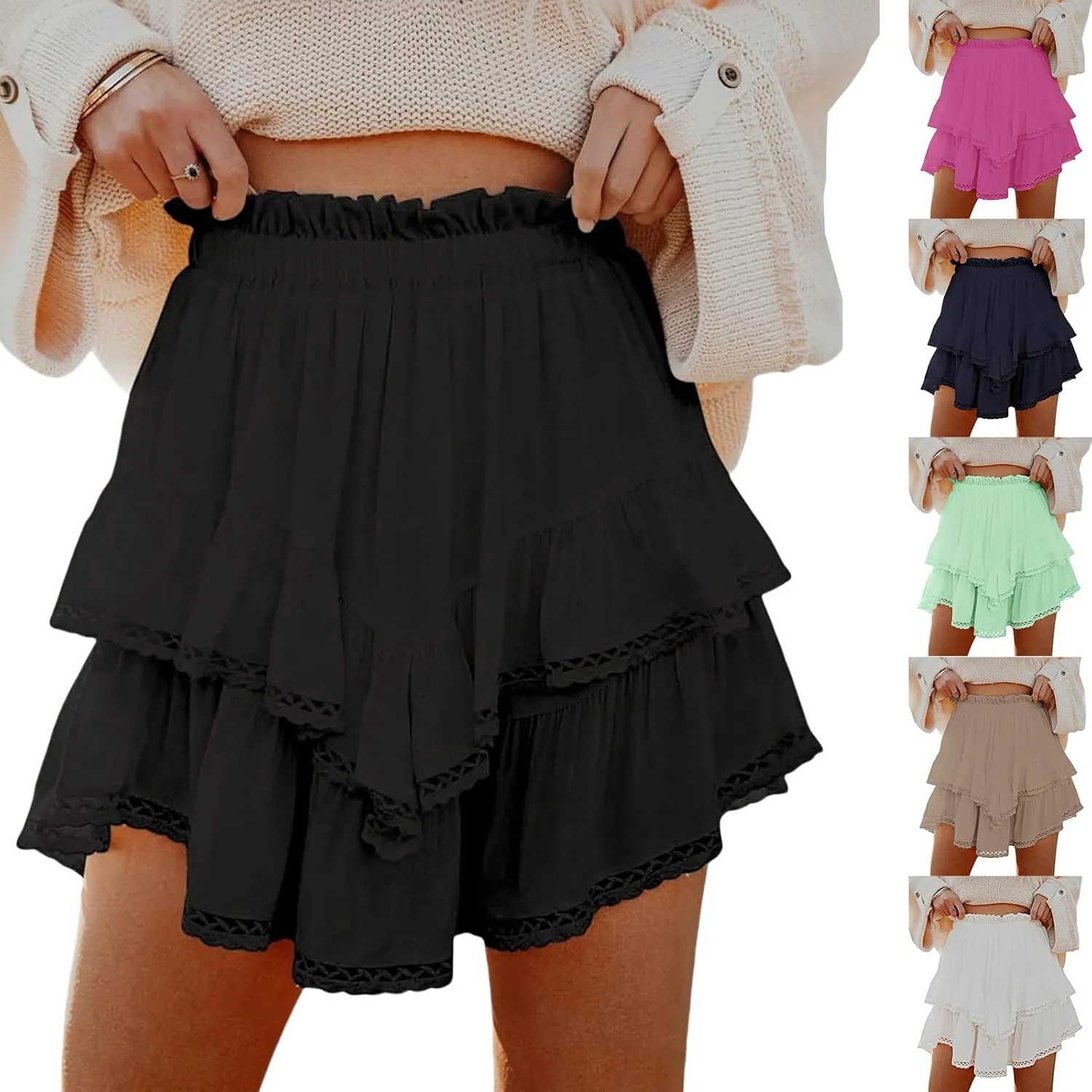 Women Flowy Shorts Casual Boho Ruffle Skirts Cute Crochet Tiered Skorts Summer Mini Skirt with Shorts Y2K Skirt