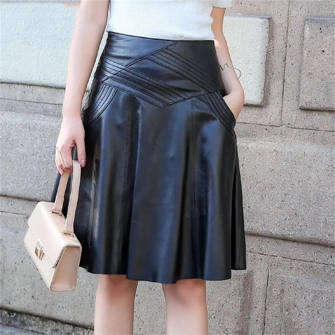 Women Genuine Leather High Waist Midi Skirt Black Long Real Skin Customer Pleated Plus Size Skirt