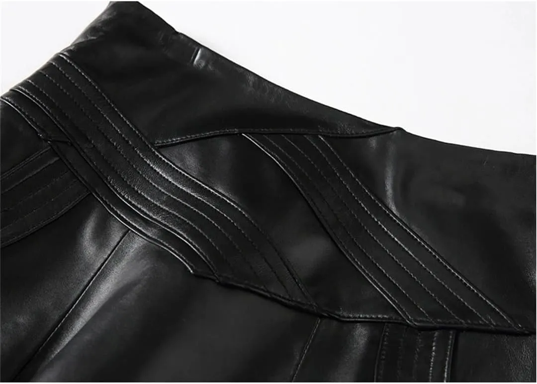 Women Genuine Leather High Waist Midi Skirt Black Long Real Skin Customer Pleated Plus Size Skirt