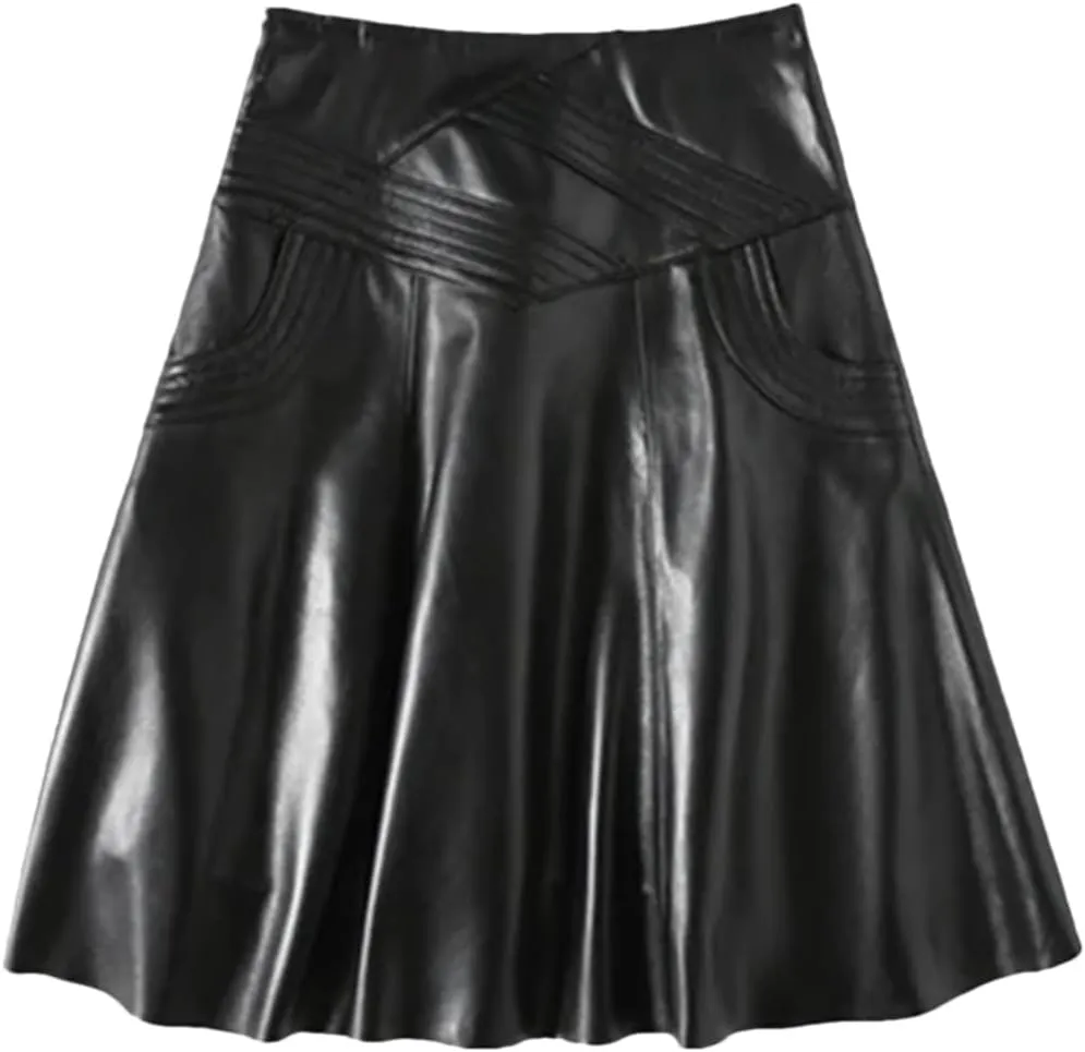 Women Genuine Leather High Waist Midi Skirt Black Long Real Skin Customer Pleated Plus Size Skirt