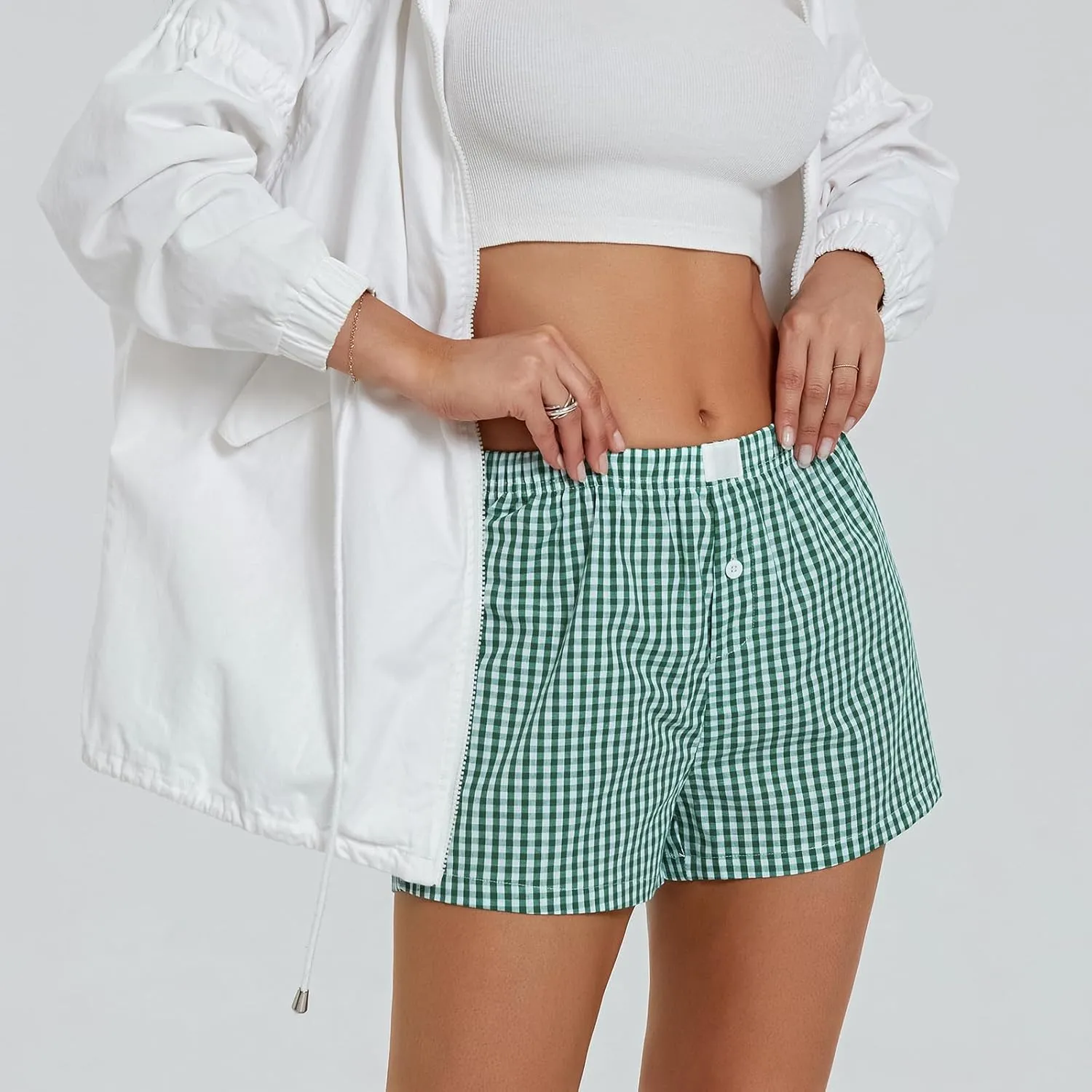 Women Gingham Boxer Shorts Y2k Cute Stripes Plaid Button Elastic Waist Lounge Boxers