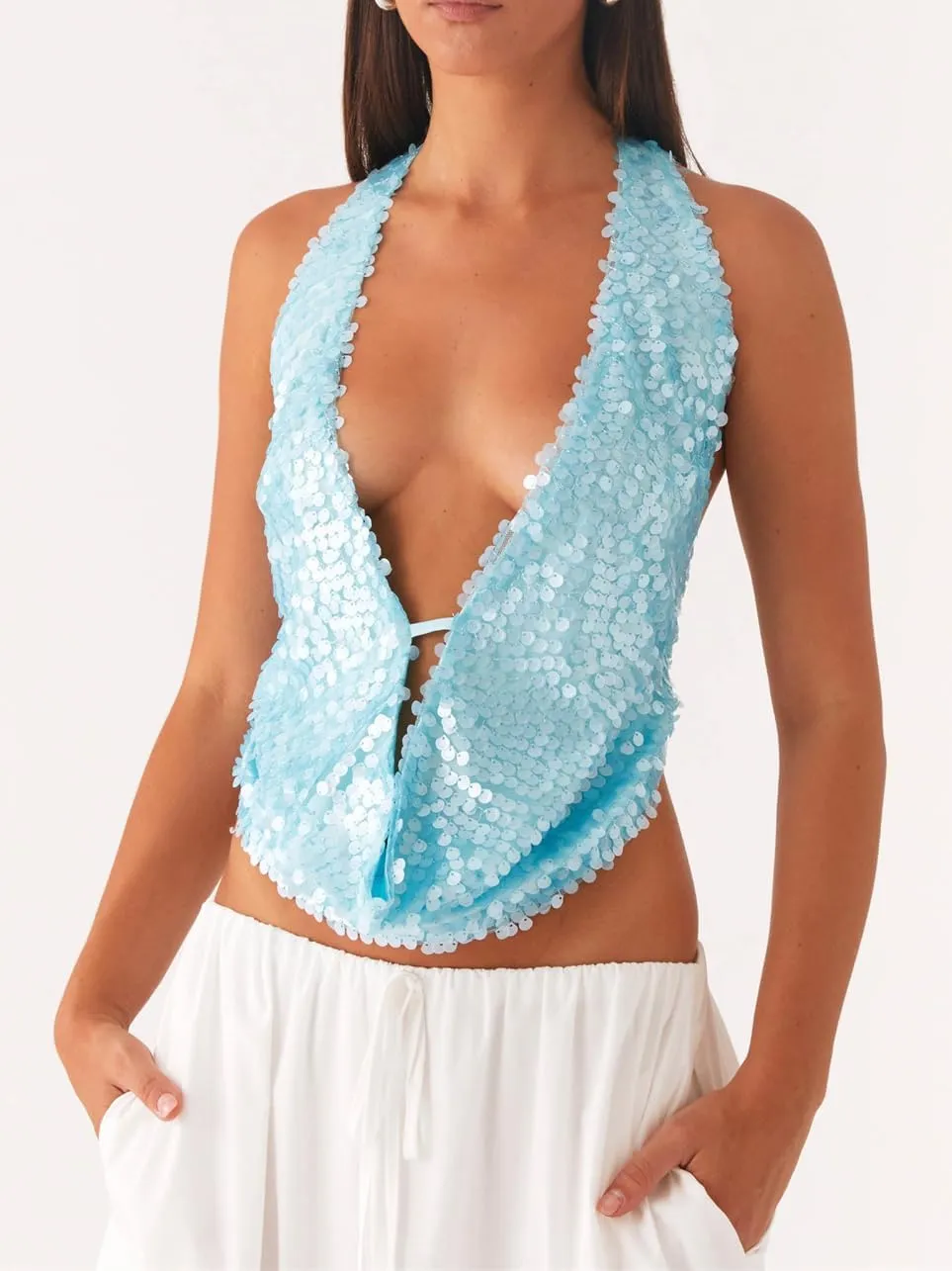 Women Halter Sequin Tank Top Sexy Y2K V Neck Low Cut Sleeveless Backless Vest Coquette Sparkly Summer Club Streetwear