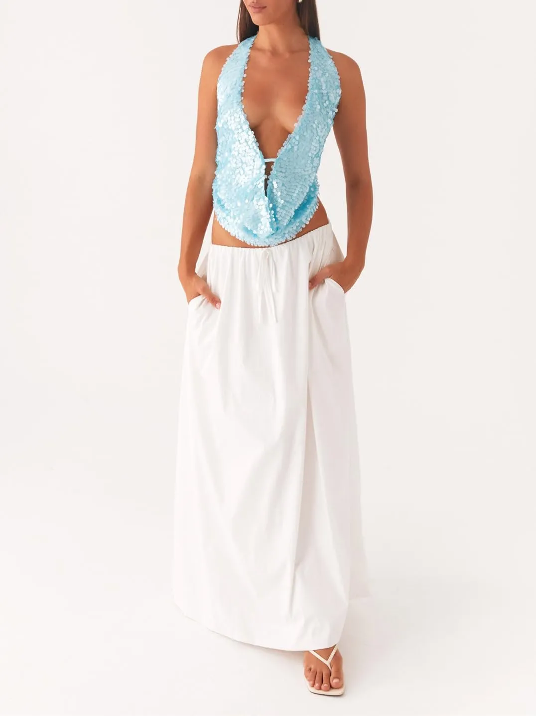 Women Halter Sequin Tank Top Sexy Y2K V Neck Low Cut Sleeveless Backless Vest Coquette Sparkly Summer Club Streetwear