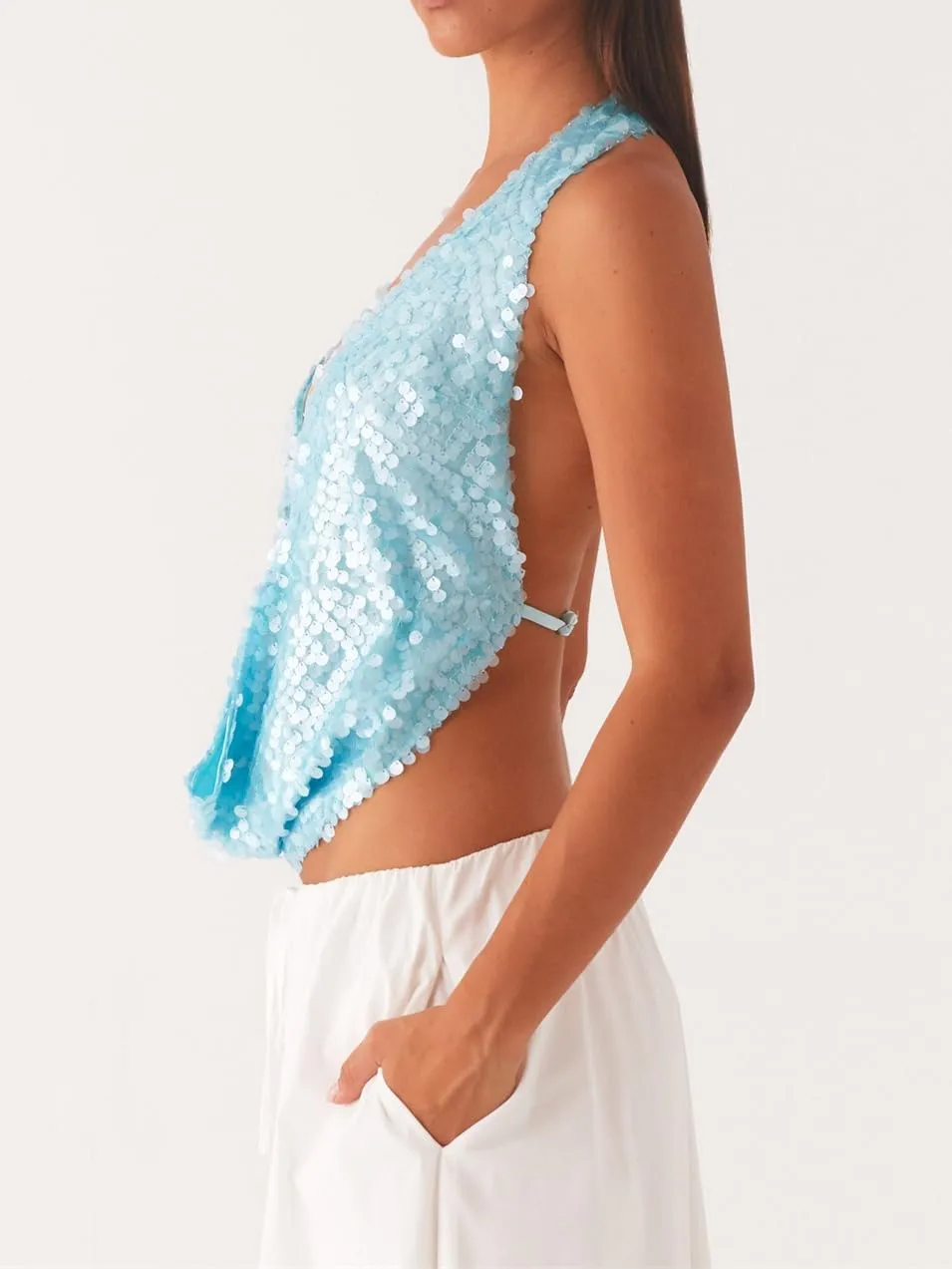 Women Halter Sequin Tank Top Sexy Y2K V Neck Low Cut Sleeveless Backless Vest Coquette Sparkly Summer Club Streetwear