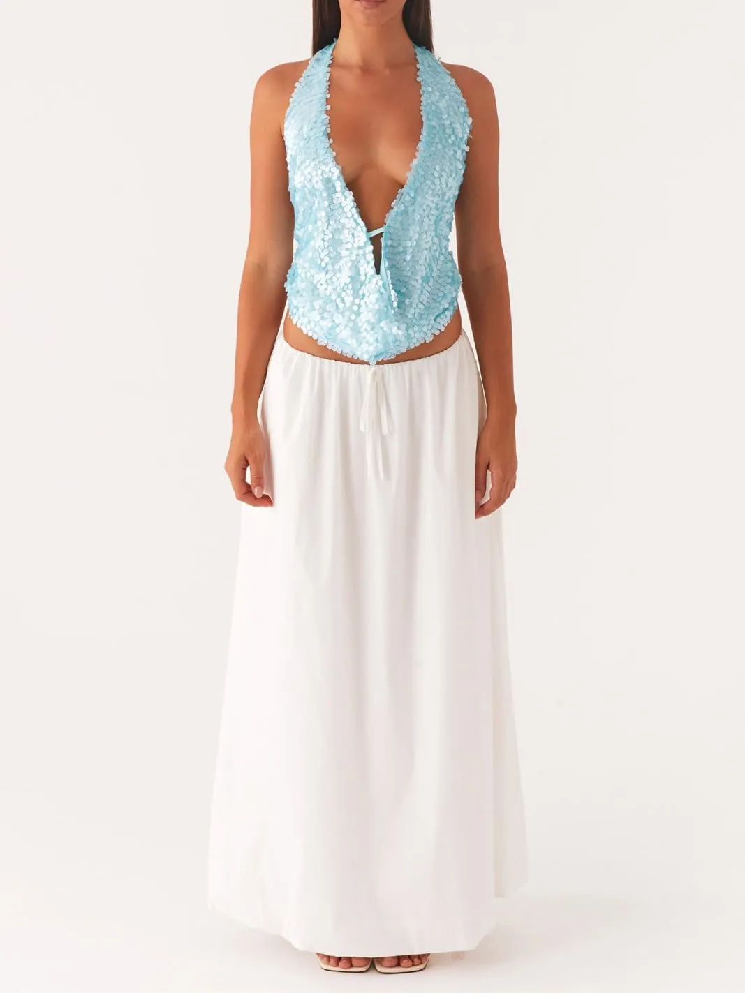 Women Halter Sequin Tank Top Sexy Y2K V Neck Low Cut Sleeveless Backless Vest Coquette Sparkly Summer Club Streetwear
