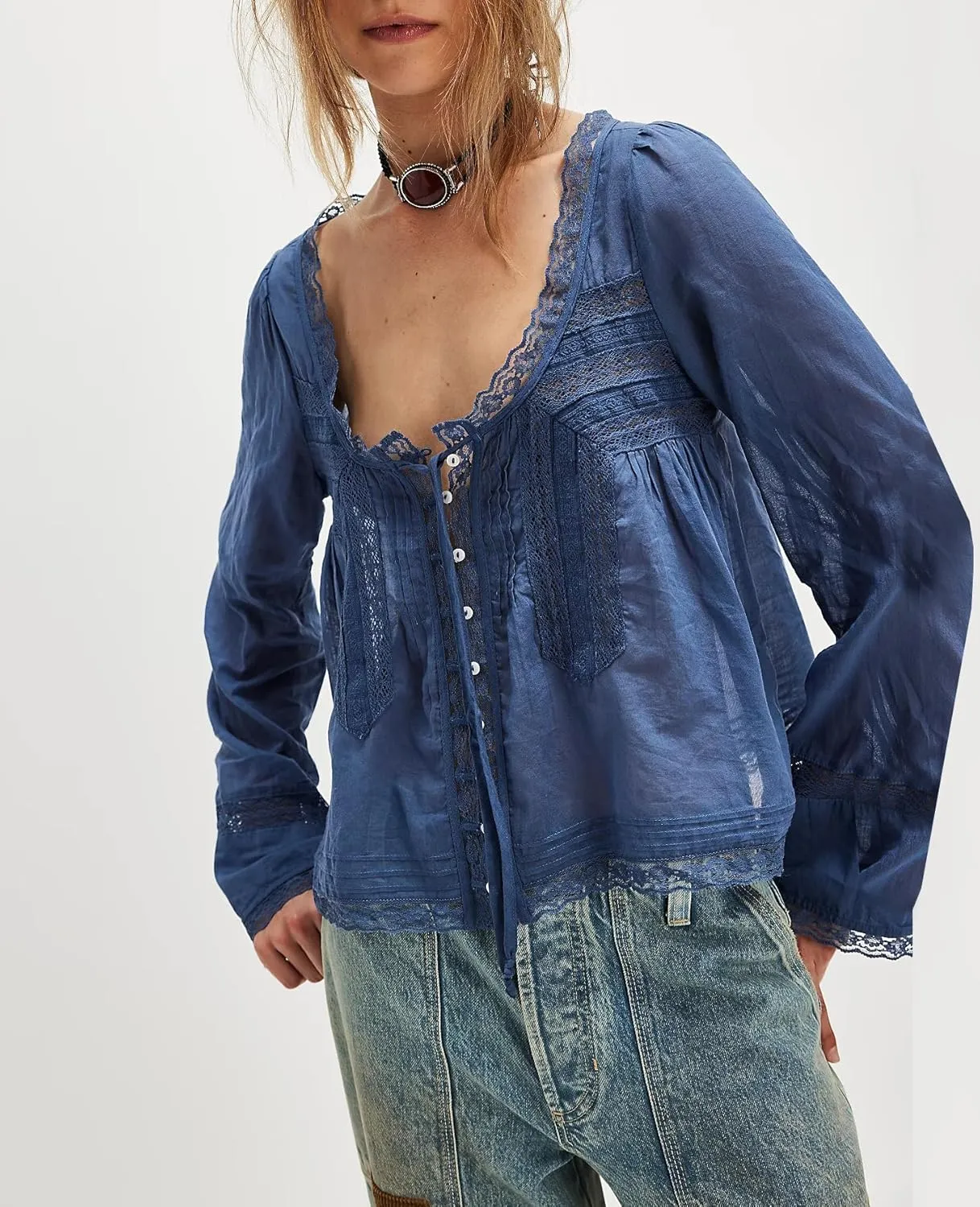 Women Lace Tie Front Top Y2k Coquette Long Sleeve Button Up Chiffon Cardigan Flowy Boho Peplum Shirt Going Out Tops