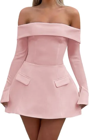 Women Long Sleeve Off Shoulder Dress Sexy A Line Mini Dress Party Club Short Formal Dresses