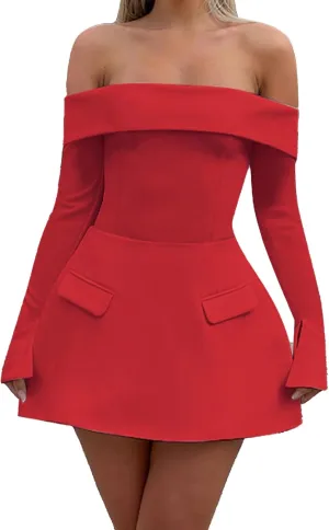Women Long Sleeve Off Shoulder Dress Sexy A Line Mini Dress Party Club Short Formal Dresses