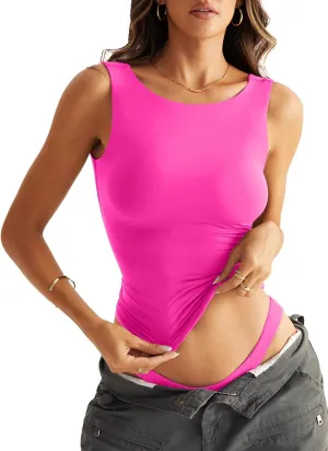 Women Sleeveless Boat Neck Tops Double Lined Backless Tank Tops Basic Fitted T Shirts 2025