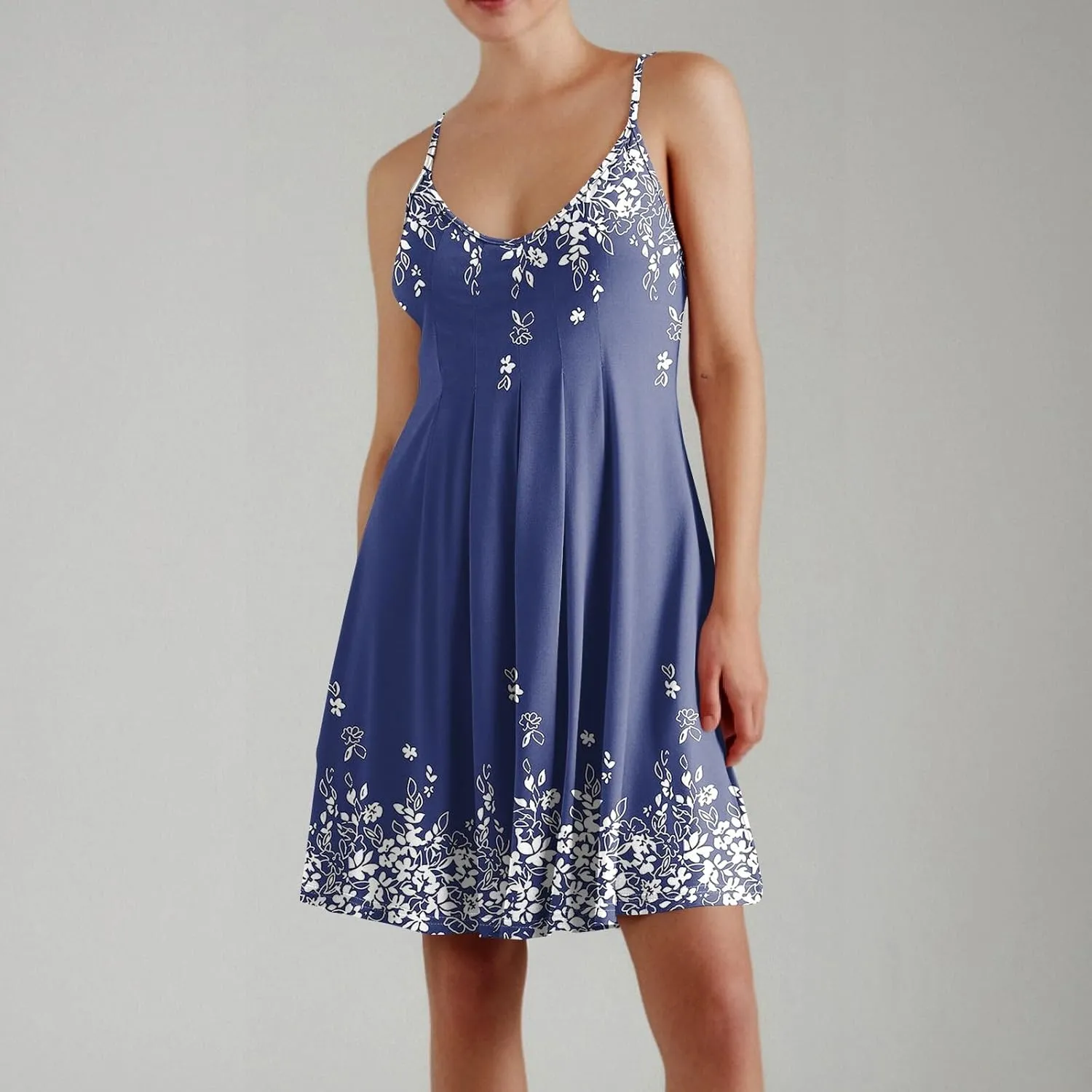 Women Spring Dresses Sleeveless Spaghetti Strap Boho Beach Dress Swimsuit Cover Up Pleated U Neck Mini Dress