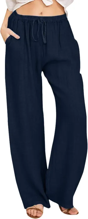 Women Summer High Waist Cotton Linen Palazzo Pants, Wide Leg Long Lounge Pant Trousers Comfy Straight Pants with Pockets
