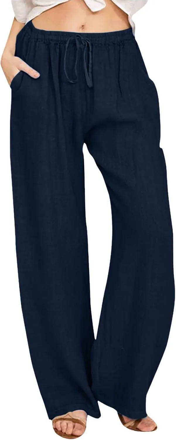 Women Summer High Waist Cotton Linen Palazzo Pants, Wide Leg Long Lounge Pant Trousers Comfy Straight Pants with Pockets