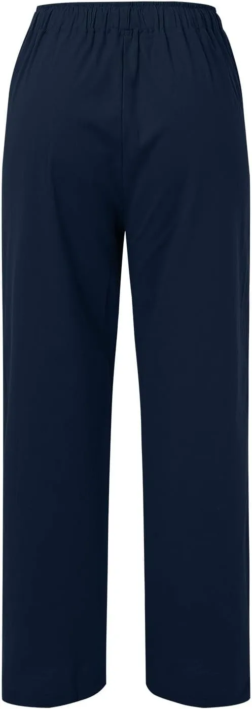 Women Summer High Waist Cotton Linen Palazzo Pants, Wide Leg Long Lounge Pant Trousers Comfy Straight Pants with Pockets