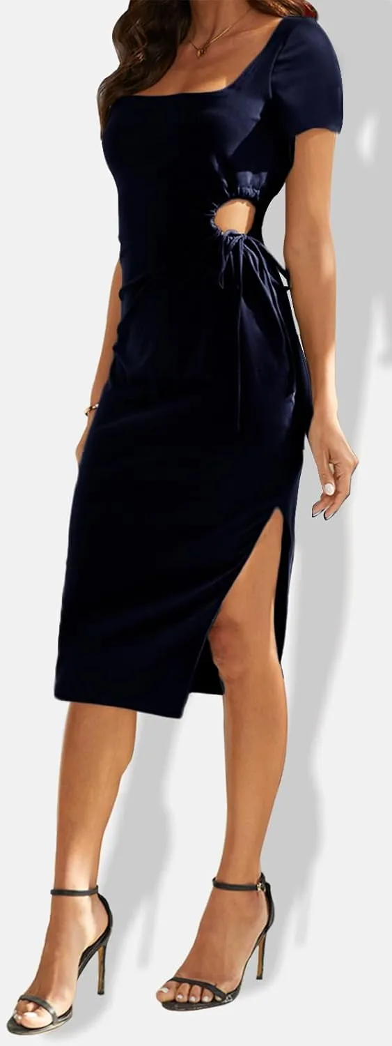 Women Summer Stretchy Sexy Black Midi Bodycon Square Neck Cut Outs Split Hem Maternity Sun Dresses for Curves