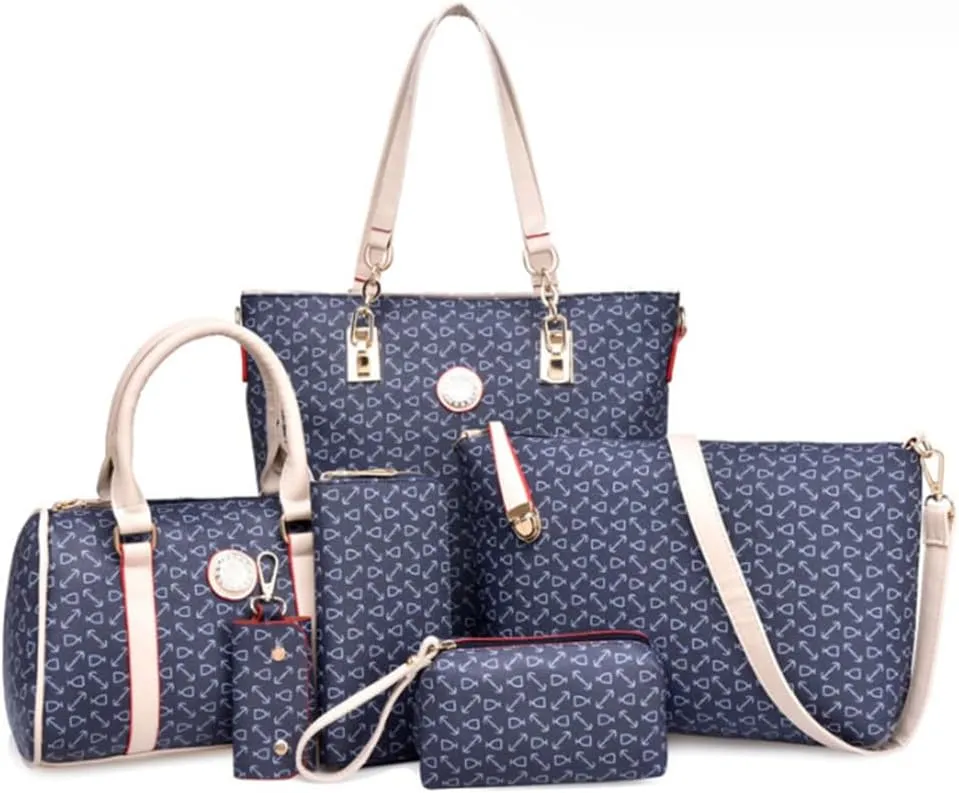 Women Totes Purse Satchel 6pcs Faux Leather Arrow Printing Handbag Shoulder Bag Clutch Wallet Dark Blue