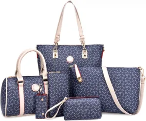 Women Totes Purse Satchel 6pcs Faux Leather Arrow Printing Handbag Shoulder Bag Clutch Wallet Dark Blue