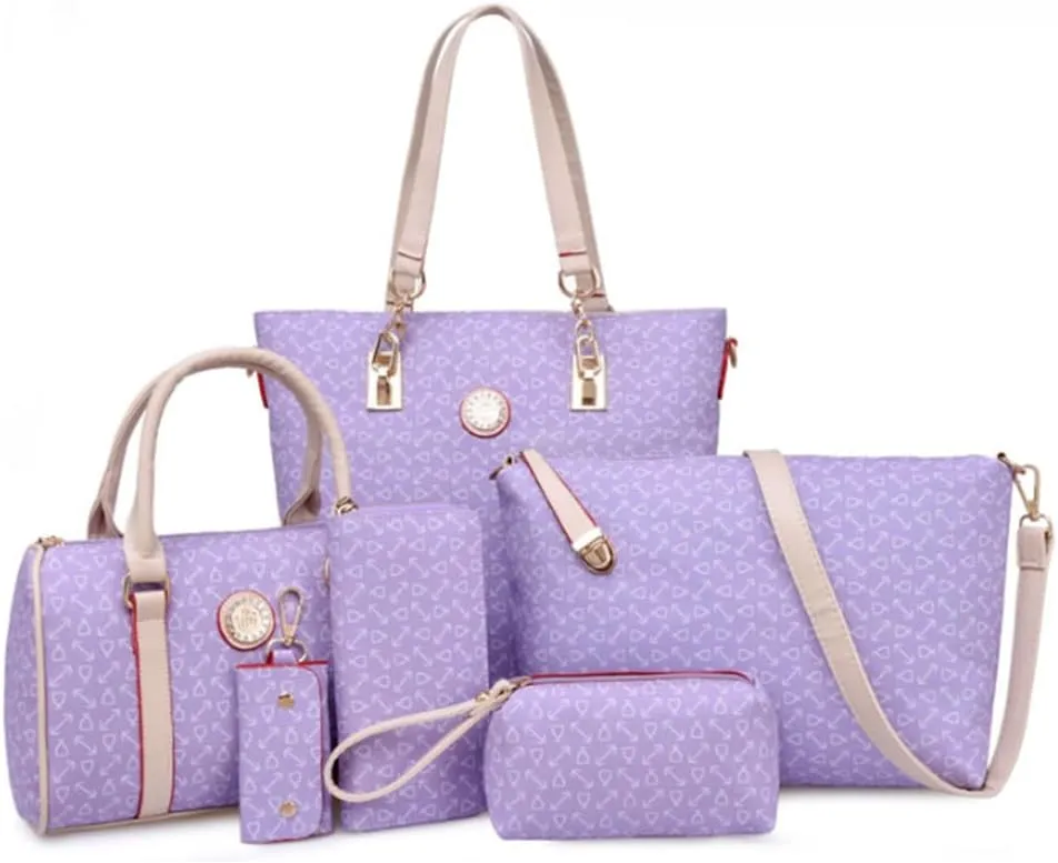 Women Totes Purse Satchel 6pcs Faux Leather Arrow Printing Handbag Shoulder Bag Clutch Wallet Dark Blue