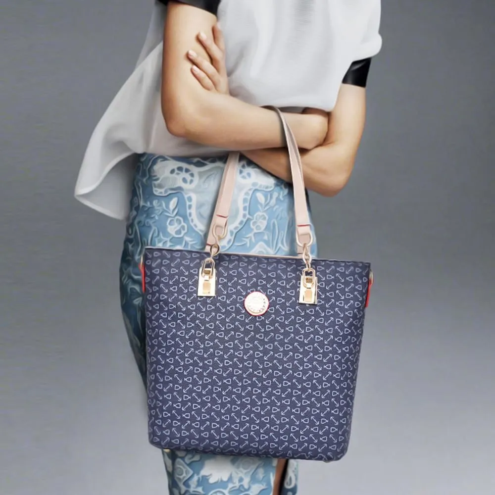 Women Totes Purse Satchel 6pcs Faux Leather Arrow Printing Handbag Shoulder Bag Clutch Wallet Dark Blue