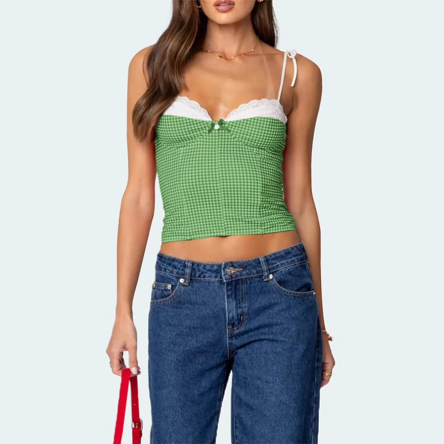 Women Y2K Gingham Tank Top Lace Trim Spaghetti Strap Sleeveless Camisoles Summer Slim Fit Basic Crop Cami Shirt
