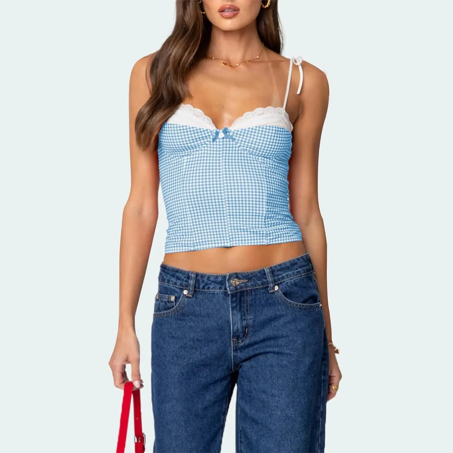 Women Y2K Gingham Tank Top Lace Trim Spaghetti Strap Sleeveless Camisoles Summer Slim Fit Basic Crop Cami Shirt