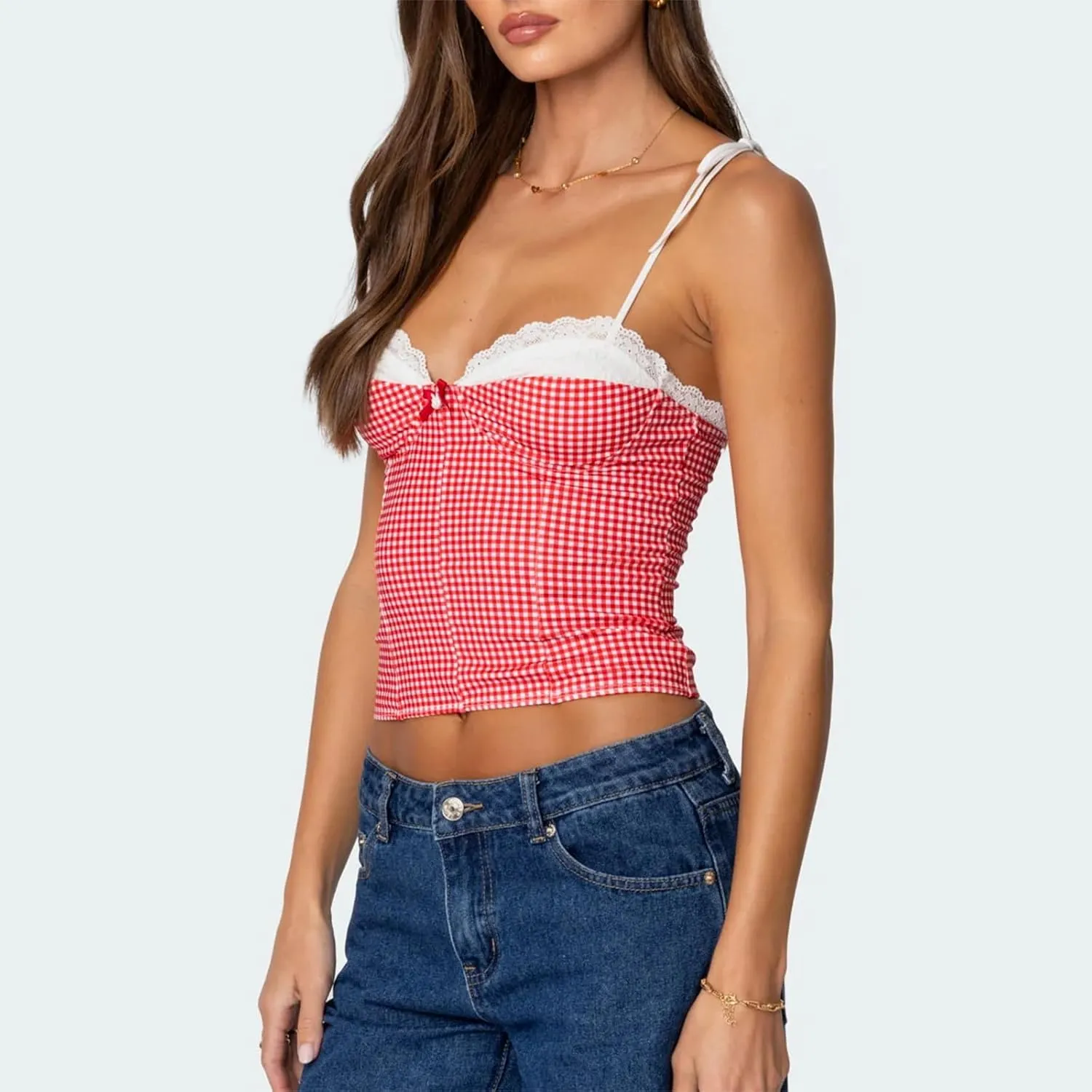 Women Y2K Gingham Tank Top Lace Trim Spaghetti Strap Sleeveless Camisoles Summer Slim Fit Basic Crop Cami Shirt