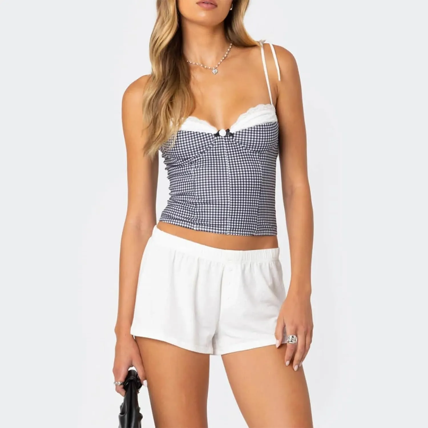 Women Y2K Gingham Tank Top Lace Trim Spaghetti Strap Sleeveless Camisoles Summer Slim Fit Basic Crop Cami Shirt