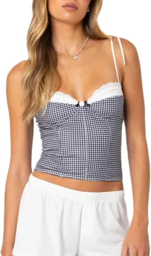 Women Y2K Gingham Tank Top Lace Trim Spaghetti Strap Sleeveless Camisoles Summer Slim Fit Basic Crop Cami Shirt