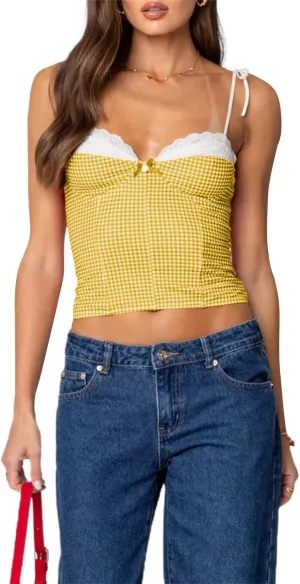 Women Y2K Gingham Tank Top Lace Trim Spaghetti Strap Sleeveless Camisoles Summer Slim Fit Basic Crop Cami Shirt