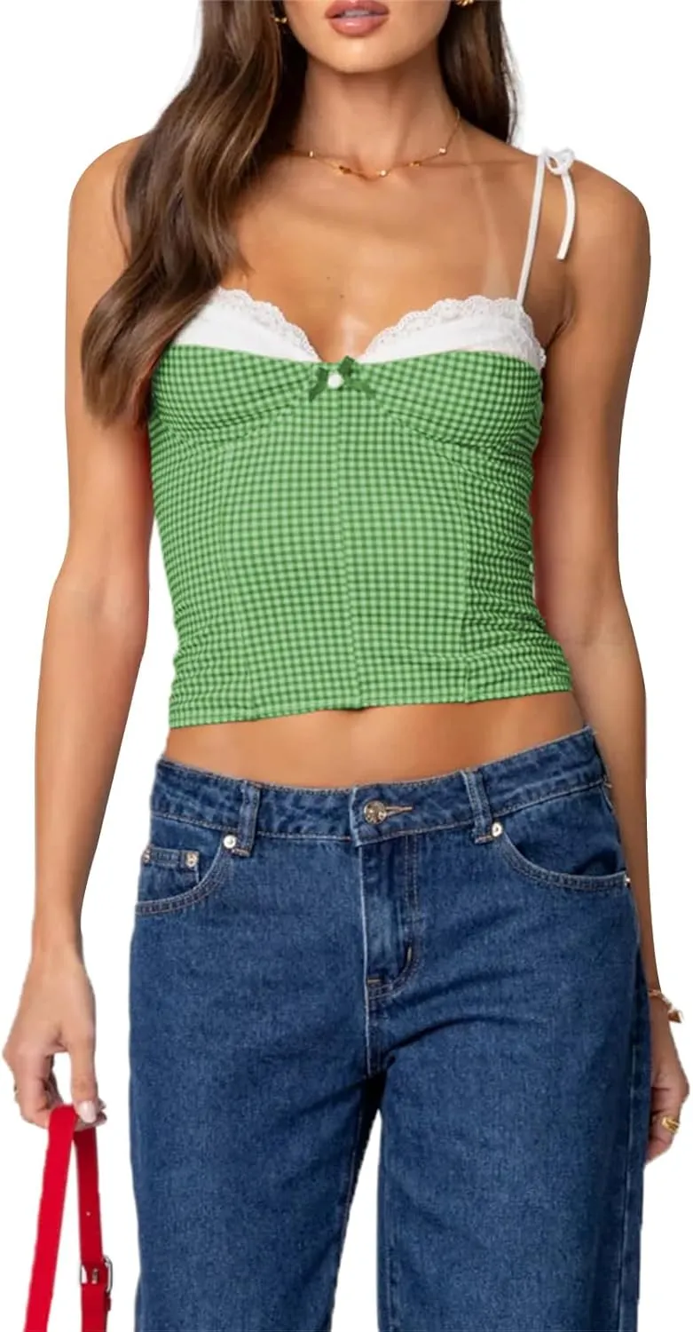 Women Y2K Gingham Tank Top Lace Trim Spaghetti Strap Sleeveless Camisoles Summer Slim Fit Basic Crop Cami Shirt