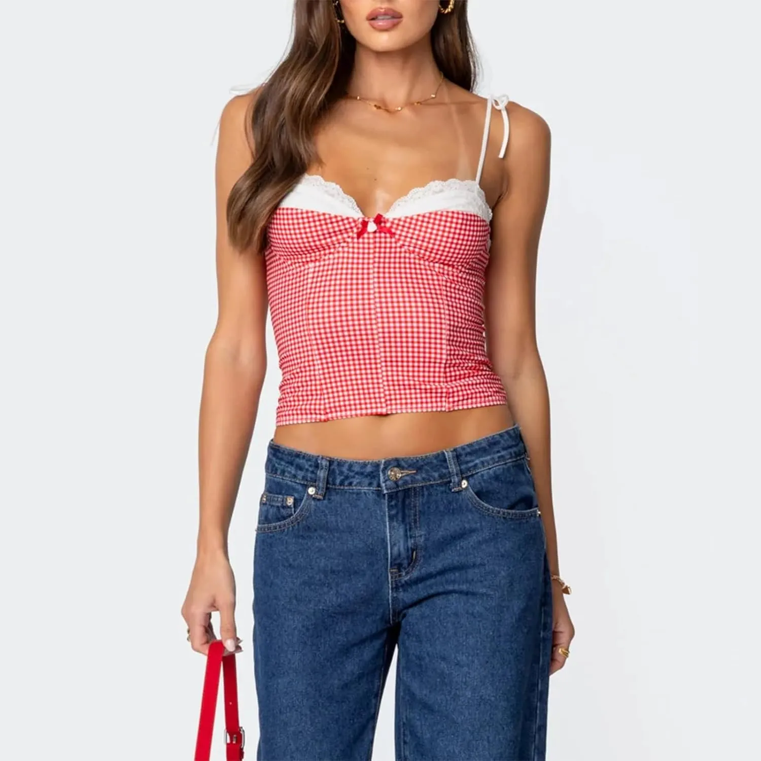 Women Y2K Gingham Tank Top Lace Trim Spaghetti Strap Sleeveless Camisoles Summer Slim Fit Basic Crop Cami Shirt